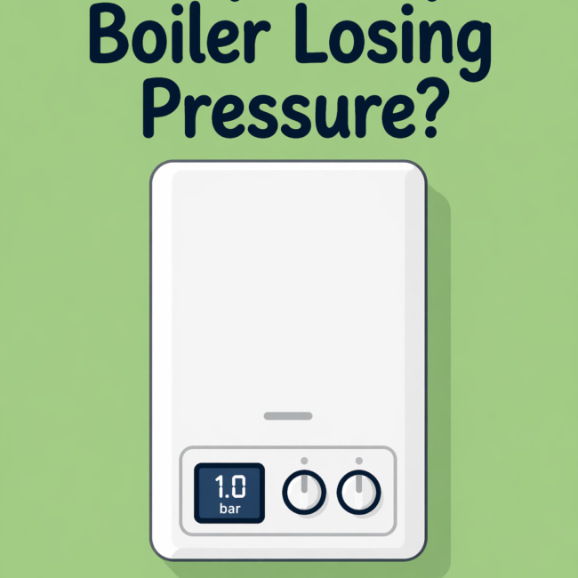 Boiler losing pressure in Ashford illustration with modern combi boiler on yellow background