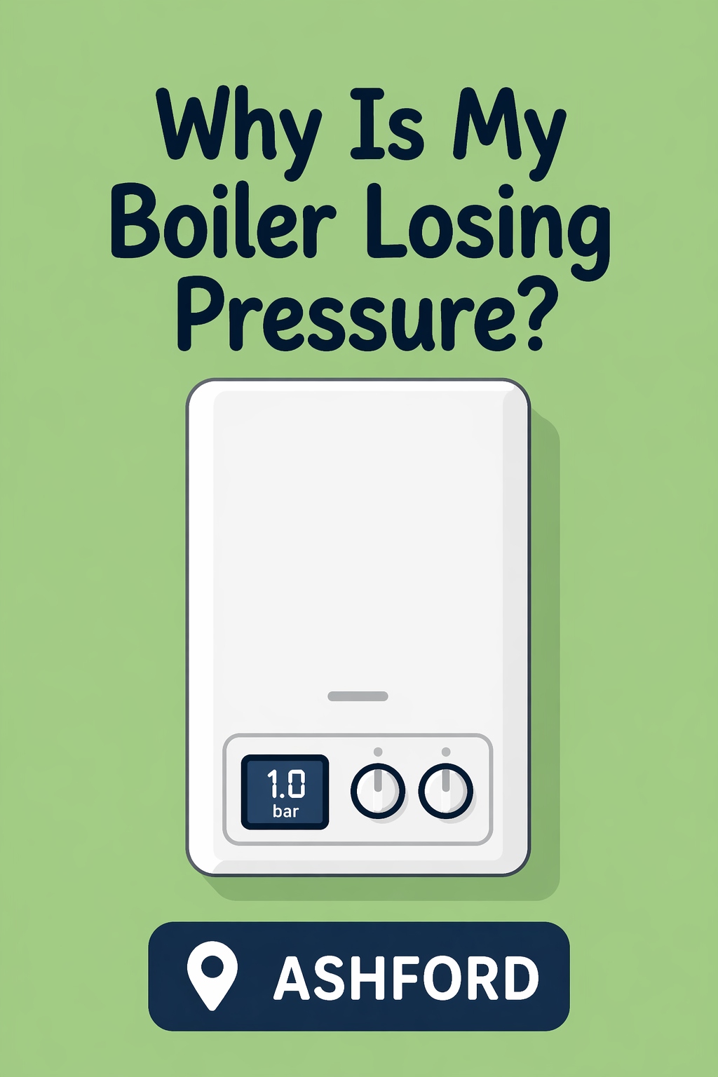 Boiler losing pressure in Ashford illustration with modern combi boiler on yellow background