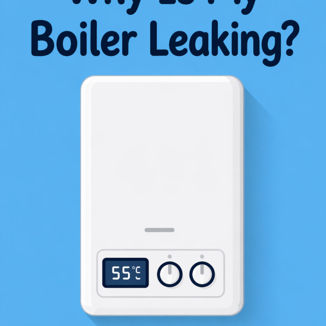 Boiler leaking in Canterbury illustration with modern combi boiler on blue background