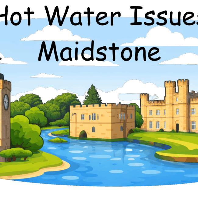 Flaticon-style Maidstone illustration with clock tower and Leeds Castle representing hot water issues in Maidstone
