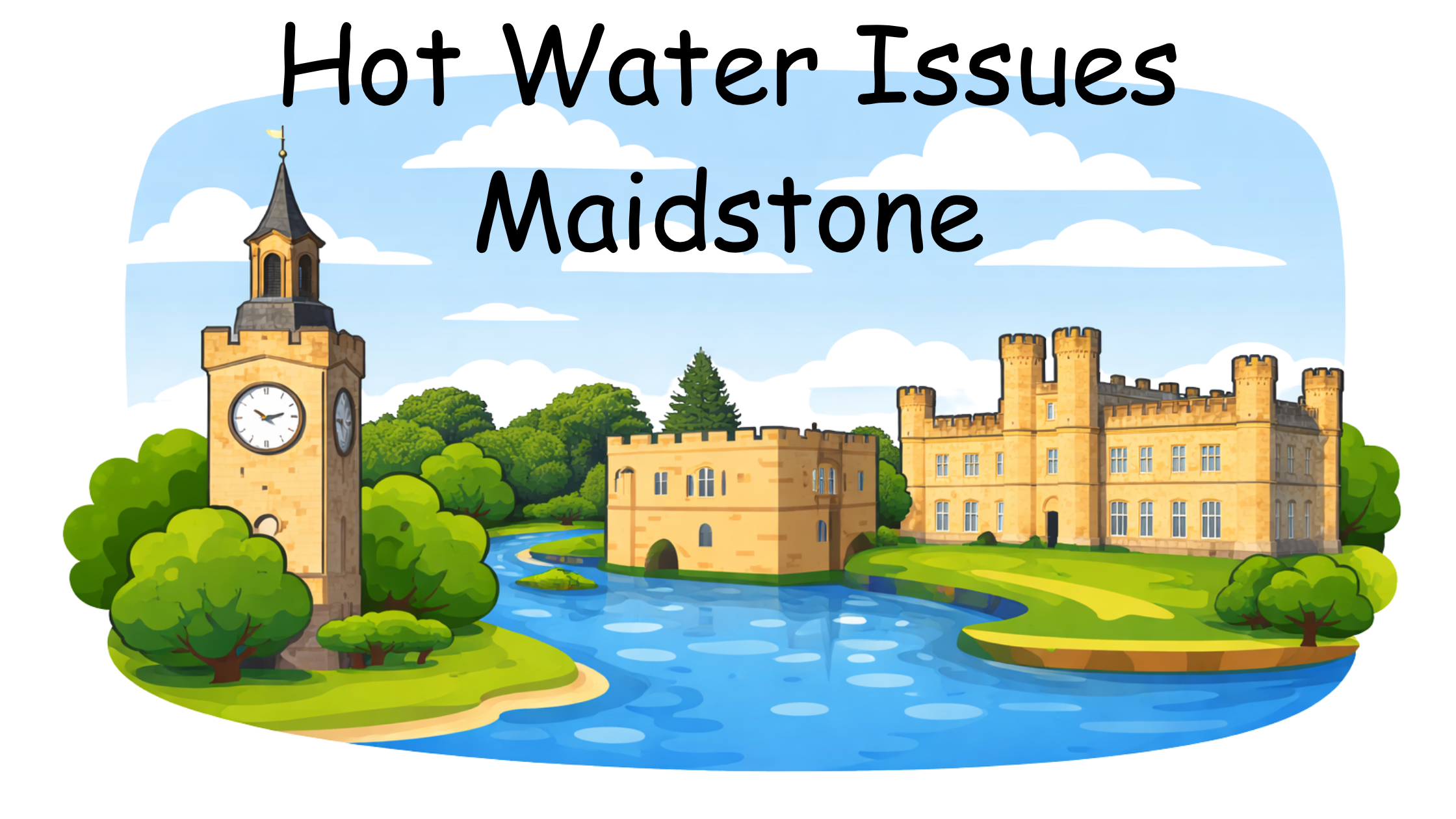 Flaticon-style Maidstone illustration with clock tower and Leeds Castle representing hot water issues in Maidstone