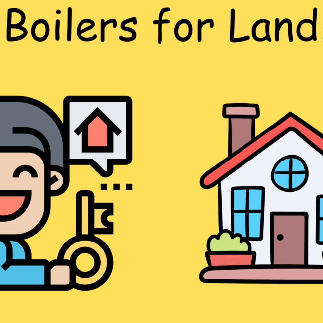 Flaticon-style illustration of a landlord holding keys next to a house representing new boilers for landlords