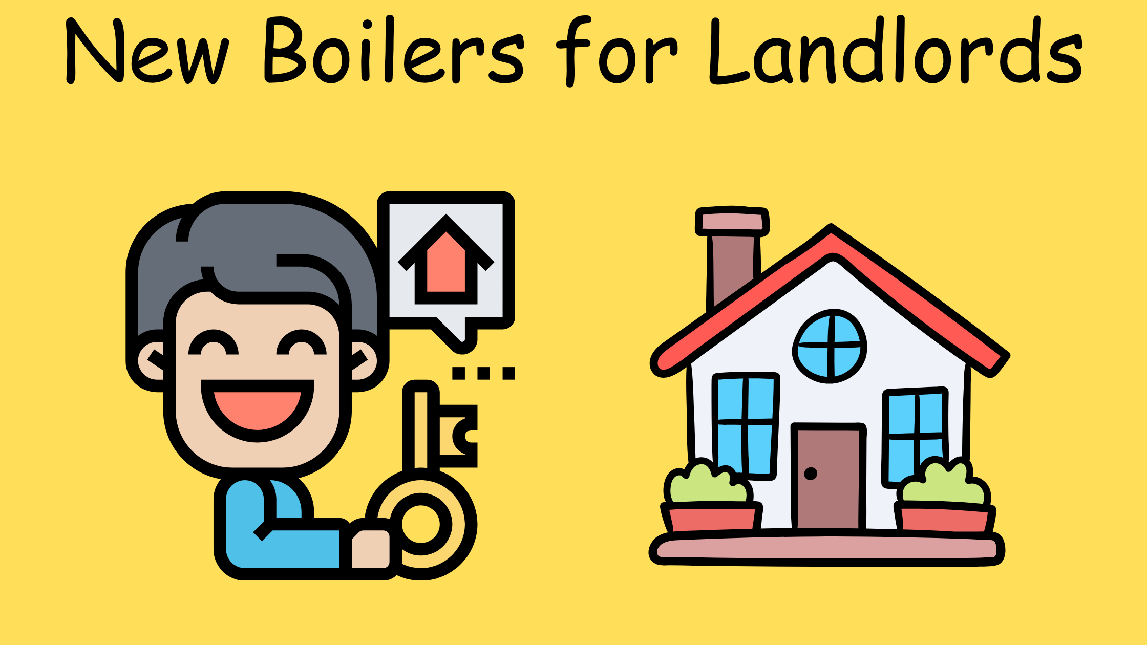 Flaticon-style illustration of a landlord holding keys next to a house representing new boilers for landlords