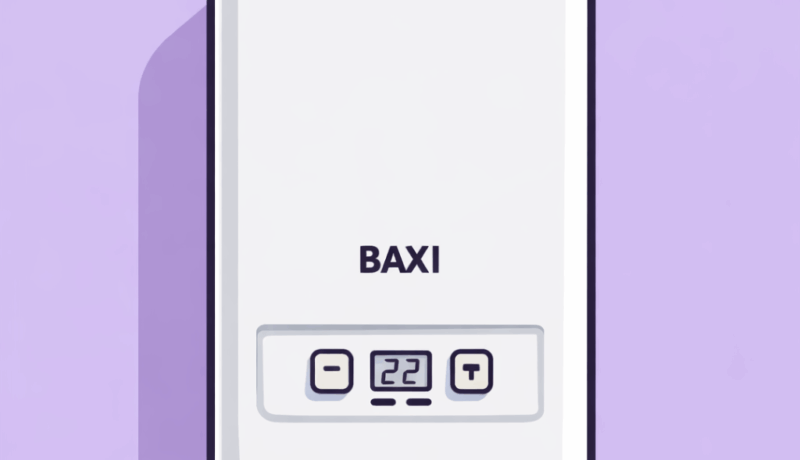 Cartoon flat design illustration of a Baxi boiler with the text "How Old Is My Baxi Boiler?" on a purple background