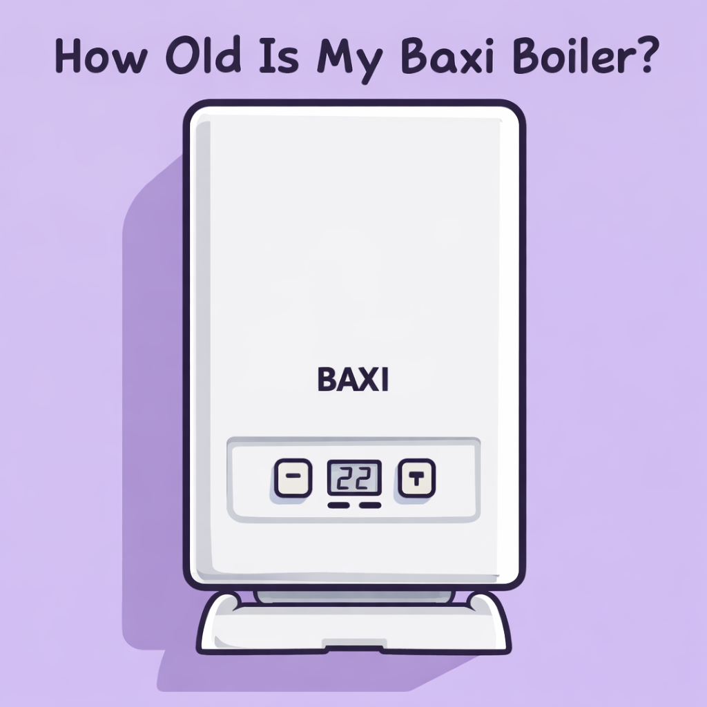 Cartoon flat design illustration of a Baxi boiler with the text "How Old Is My Baxi Boiler?" on a purple background