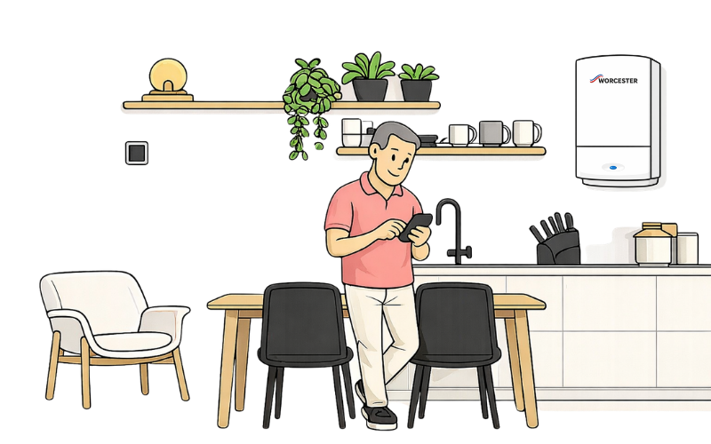 Modern kitchen illustration with Worcester Bosch system boiler on wall and homeowner using smartphone