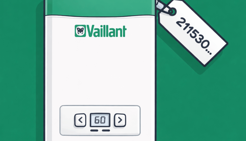 Cartoon flat design Vaillant boiler with green background showing how to check the age of a Vaillant boiler using the serial number