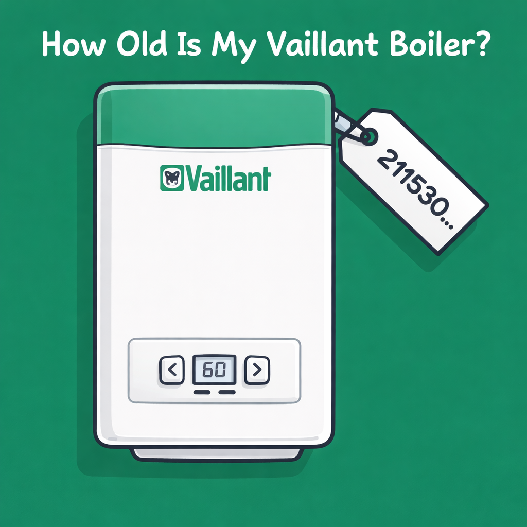 Cartoon flat design Vaillant boiler with green background showing how to check the age of a Vaillant boiler using the serial number